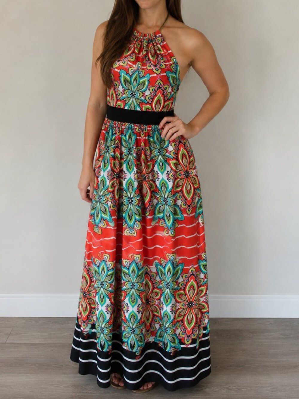 Eliza J Halter Maxi Dress Colorful Print Gold Chain Neckline Size 6
